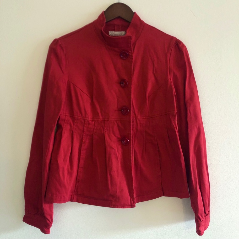 ZARA Red Peplum Pleated Jacket with Lucite Buttons
